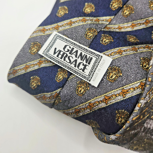Gianni Versace Vintage Silk Medusa Tie Navy Gray Gold - Picture 5 of 10